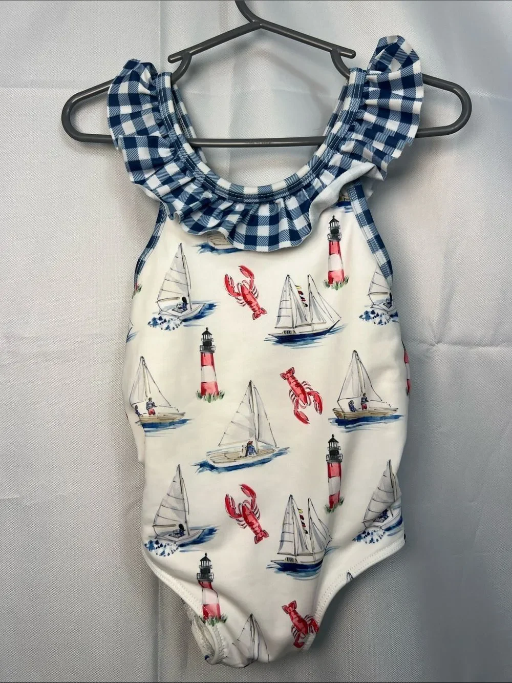 Smocking Bird boat lighthouse and lobster print one piece swimsuit size 18 month